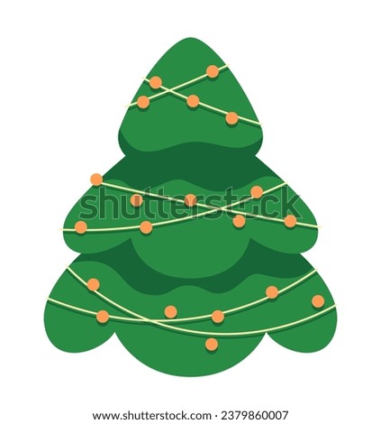 Decorations Christmas tree 2D cartoon object. Garland string xmas fir tree isolated vector item white background. Adorned evergreen coniferous winter festive pine color flat spot illustration