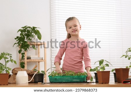 Cute little girl planting seedlings into plastic container at wooden table in room
