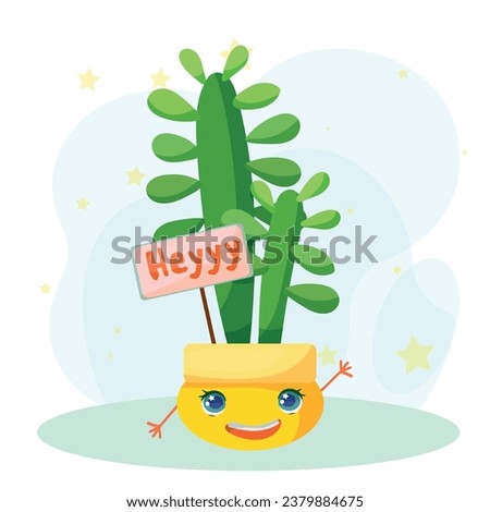 Cute funny faces of cacti in pots and with plants are friends. Indoor plants, succulents. Thorny plants in cartoon style. Vector illustration isolated on white background.
