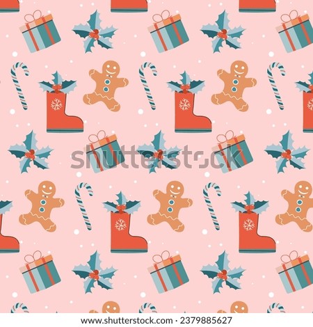 Seamless Christmas Pattern With Gingerbread Man, gift аnd Candy Cane. Cute vector сartoon illustration.