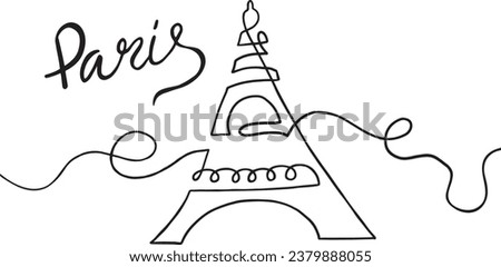 Simple handdrawn trendy linear black and white eiffel tower design and lettering.Continuous line vector for print clothes,textiles,cards,poster,label,imprint,scrapbooking,t-shirt,design,tattoo,sticker