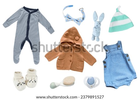 Baby boy clothes set isolated, male child clothing on white. Infant wear, colorful outfit.Kid's fashion. Royalty-Free Stock Photo #2379891527
