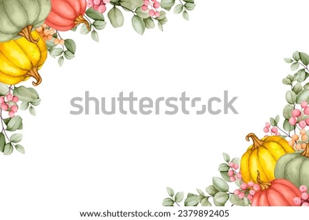 Watercolor horizontal banner with pumpkins, eucalyptus and berries. Fall Decor, Thanksgiving, Cozy Home, Harvest Festival. Illustration for cards, invitations, greetings, announcements, advertising.