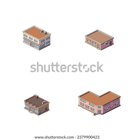 Set of isometric buildings, vector illustration.