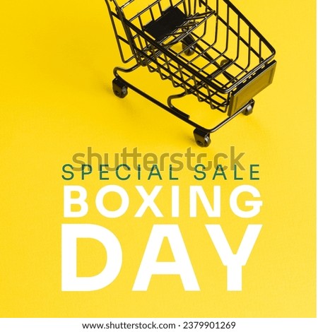 Composite of small shopping cart and special sale boxing day text on yellow background. Copy space, shopping, sale, vector, discount, marketing, template, design, retail, advertise concept.
