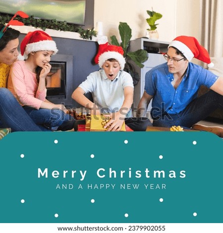 Caucasian family opening christmas presents at home and merry christmas and a happy new year. Composite, love, together, child, parent, gift, christmas festivity, winter holiday and celebration.