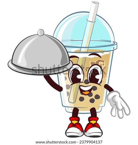 character mascot of a glass of iced boba with a cute face waiter serving food in lid, isolated cartoon vector illustration. emoticon, cute glass of iced boba mascot