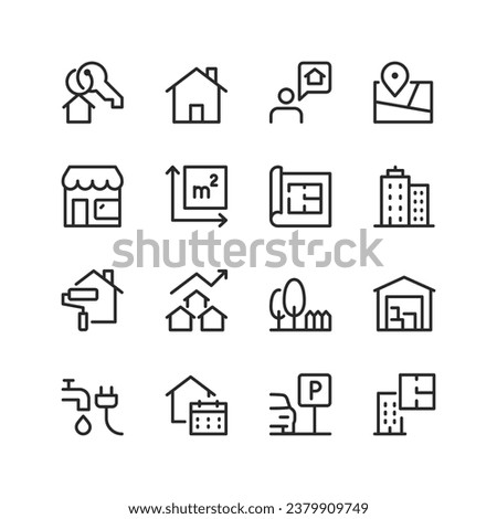 Real Estate, linear style icons set. Buying, renting and letting real estate. Apartment, house, land plot, commercial real . Investments. Editable stroke width Royalty-Free Stock Photo #2379909749