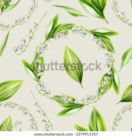 Watercolor seamless pattern with bouquets of lilies of the valley flowers isolated on background. Spring hand painted illustration. For designers, wedding, decoration, postcards, wrapping paper,