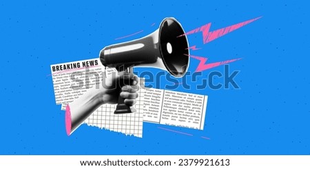 Halftone collage hand a hold loudspeaker. Breaking news concept. Newspaper clippings and doodles. Contemporary vector illustration.