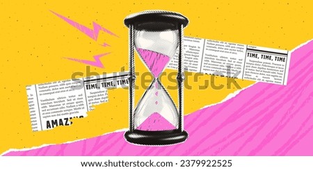 Hourglass on a bright modern background. Trendy halftone collage with torn paper and newspaper clippings. Doodle elements and grunge texture.
