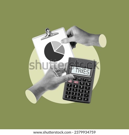 Indirect taxes, new taxes, let's talk about taxes, hand with calculator, taxes, hand with statistics, Banking, Chart, Excise tax, Business, Loan, Analyze, Big Data, Turnover, Buy Royalty-Free Stock Photo #2379934759