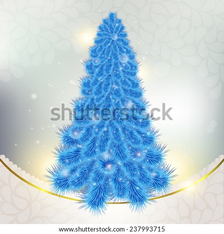 Christmas blue Christmas tree on abstract background with snowflakes.  Festive vector illustration blue Christmas tree, Christmas card, card, menu, banner.