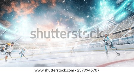 Beautiful hockey stadium which hockey players. Realistic ice and snow on background. Sport concept. Bright lighting with spotlights. Blank background