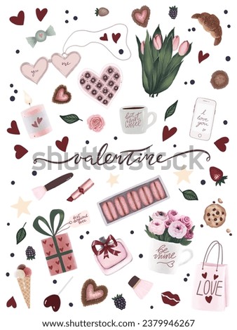 hand drawn saint valentines day illustration isolated watercolor valentine clip art, pink floral valentine poster peony tulip heart chocolate candy coffee croissant kisses candle clipart greeting card