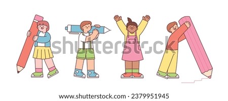 World children day.  Cute young students are writing with large pencils. outline simple vector illustration.