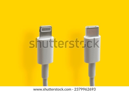 USB C and lightning charging cable on a yellow background. USB Type C is a universal connector