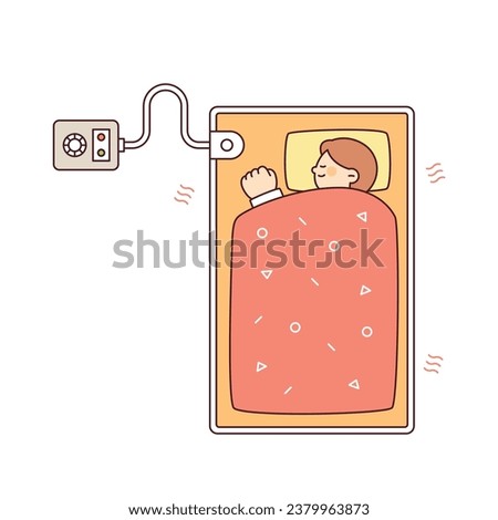 A person is sleeping on a heated mat. outline simple vector illustration.