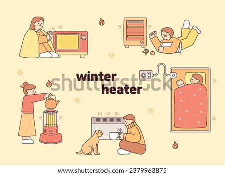 Collection of winter and people using heaters. outline simple vector illustration.