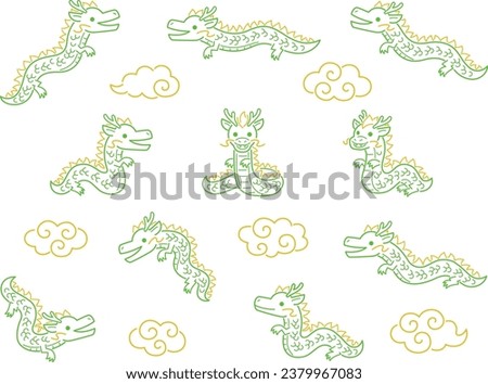 Line drawing illustration set of green dragons in various poses and golden clouds