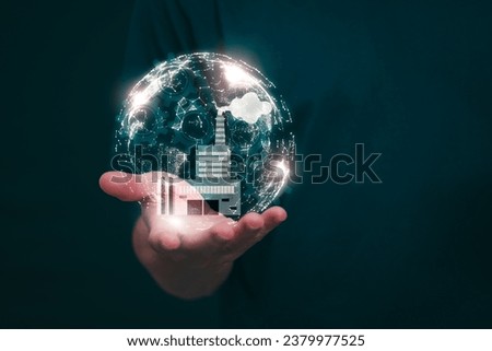 Businessman showing online virtual hologram factories With internet technology, the concept of global data connection with technology internet, big data, information search, industry