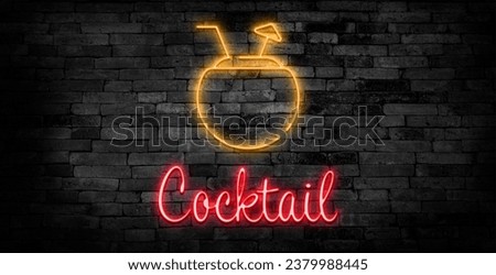 Cocktail Margarita, Wine and Martini neon sign on brick wall background.