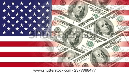 American flag combined with 100 US dollars. Basemap and background concept. Double exposure hologram.