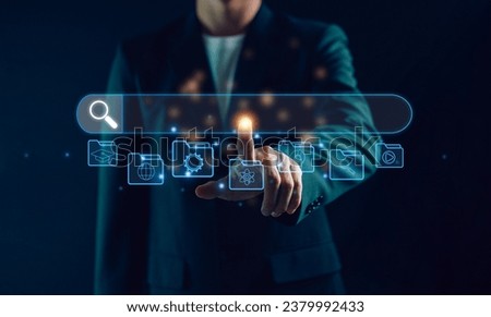 Search with AI assistant. Search engine optimization or SEO. Businessman searching on virtual screen. Find information by internet connection. find information by internet connection.