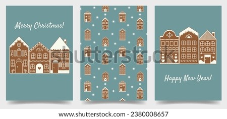 Christmas and New Year greeting card templates with gingerbread houses. Postcard with holiday wishes on blue background. Festive poster set. Vector illustration Royalty-Free Stock Photo #2380008657