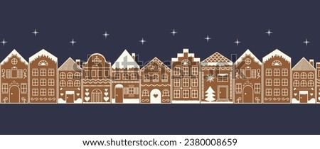 Night Cityscape Gingerbread Village seamless border. City houses street with stars pattern. Winter holiday Landscape. Vector illustration Royalty-Free Stock Photo #2380008659