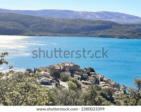Spectacular beautiful azur blue lake with the mountains on the background with clear blue sky - photo France Verdon August 2 2023, unique mountain lake, view from top