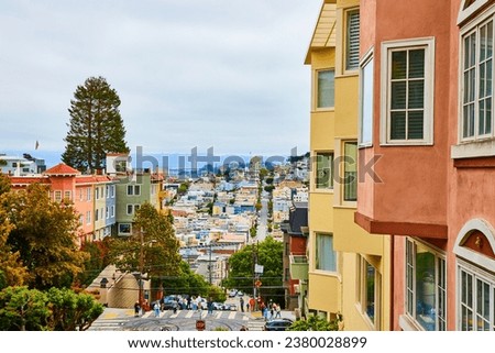 Top of hill with view of San Francisco residential area and distant Oakland Bay Bridge Royalty-Free Stock Photo #2380028899