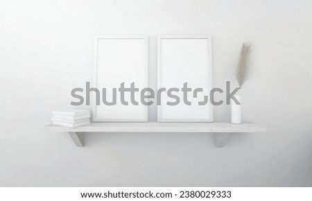 Picture frame placed on the shelf with flower pots.