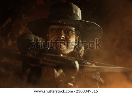 A cursed cowboy from the Wild West with scars on his face, wearing a black leather hat and black coat holds a crossbow. The hero of an adventure novel. Fantasy. Halloween. 