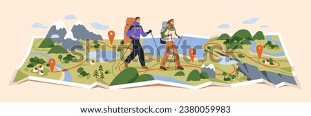 Hikers walking, trekking in nature. Tourists couple, tiny people travelers with backpacks hiking on map. Travel, adventure, sport orienteering, tourism, route concept. Flat vector illustration Royalty-Free Stock Photo #2380059983