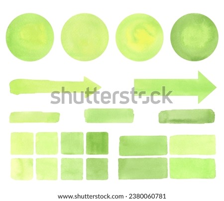 Watercolor green circles, brush strokes and arrows isolated on a white background, hand-drawn. Elements for design and decoration with space for text. The texture of watercolor on paper.