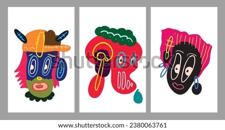 Vector abstract cartoon doodle skull, bone, insect, and head colorful illustration. Liquid and fluid abstract tribal tattoo, sticker and wallpaper background.	