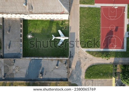 Old USSR plane from a drone, picture taken at an abandoned airfield