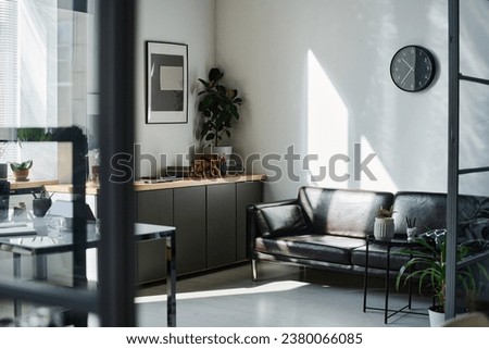 Part of spacious office with black leather couch standing in the corner by wall next to counter with cabinets, picture, green plant and other stuff Royalty-Free Stock Photo #2380066085