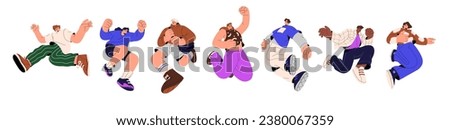 Different jumping people set. Young employees group achieve goal, rejoice. Happy team get success. Corporate, business victory. Healthy lifestyle. Flat isolated vector illustration on white background