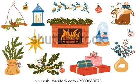 Christmas decorations set. Xmas tree, baubles, gifts, fireplace, fir wreaths, candles. New Year props, items bundle. Flat vector illustrations isolated on white background