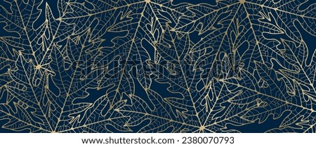 Blue luxury background with golden unusual leaves. Vector botanical background for decor, wallpaper, covers, cards and presentations.