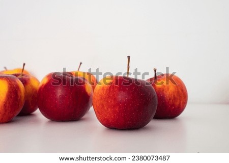 Group of yellow red apples. Organic fresh fruits and image of autumn harvest