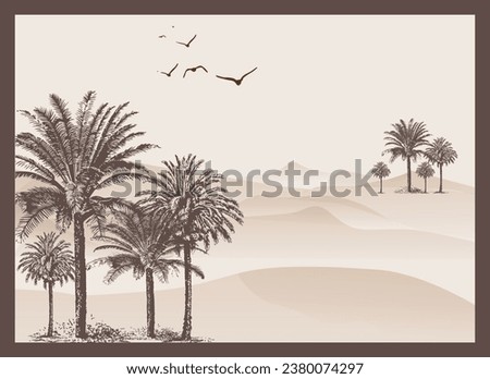 illustration of desert with palm tree in day light with Birds flying in Dune coloring
