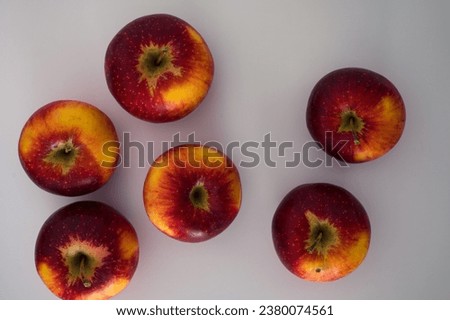 Group of yellow red apples frome the top. Organic fresh fruits and image of autumn harvest background