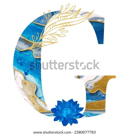 Blue gold marble ink alphabet letters from A to Z, isolated on white background, uppercase. This is a part of a set which also includes numbers, symbols, and shapes.