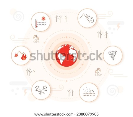 Climate crisis illustration: climate change and extreme weather events infographic. global warming impacts background. editable natural disaster icons. Royalty-Free Stock Photo #2380079905