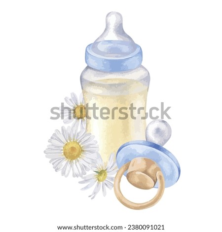 Baby milk bottle and Pacifier vector illustration. Hand drawn pastel blue kids things on isolated background. Watercolor drawing of food for a newborn boy. Designed to print for expectant parents