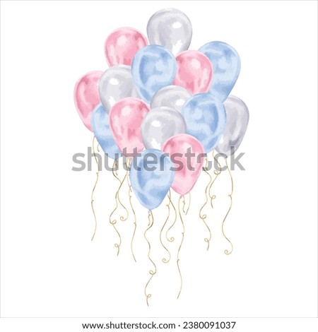 Balloons Vector illustration. Hand drawn graphic clip art of baloon on white isolated background. Watercolor drawing of blue and pink birthday ballon. For baby happy birthday decoration