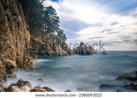 A smokey rocky beach with trees on the side with Mcway Falls in the background